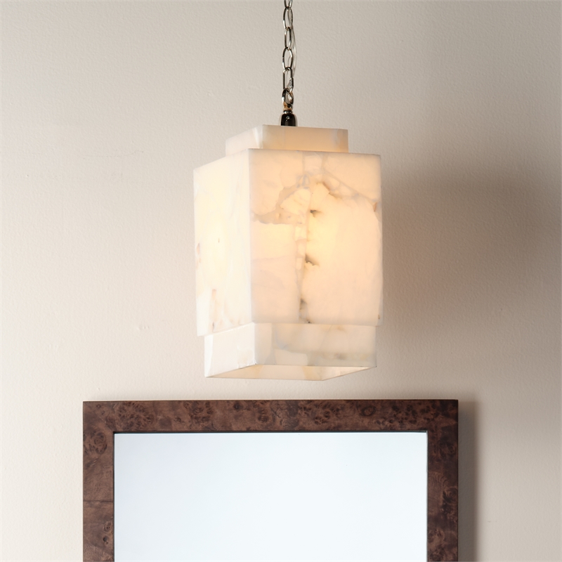 Maklaine Natural Alabaster Stone Cube Pendant Light in White