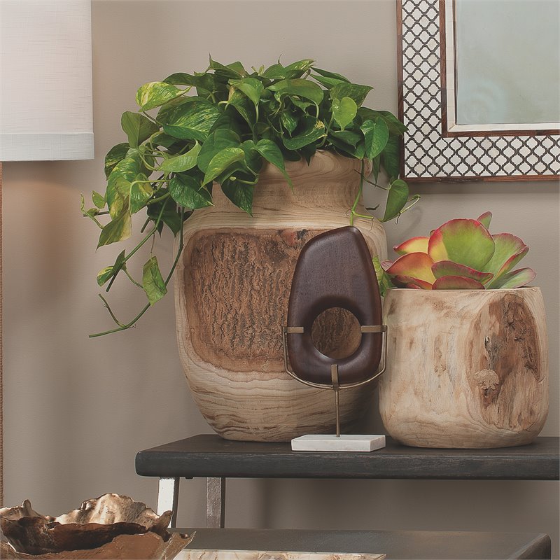 Maklaine Contemporary Hand-Carved Paulownia Wood Turned Vase in Natural