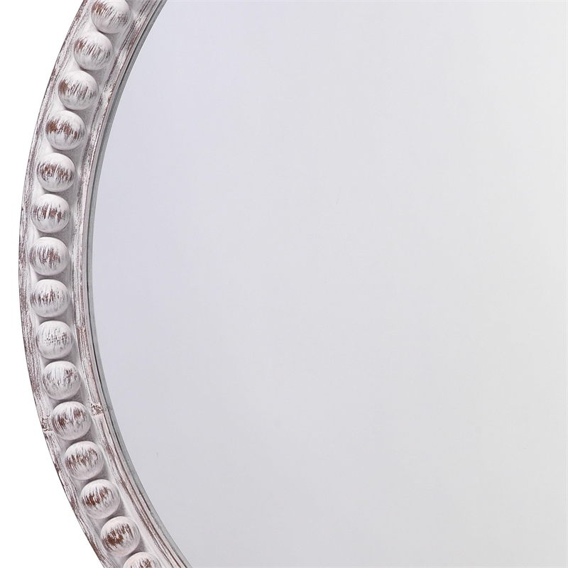 Maklaine Contemporary Round Wood Bead Wall Mirror in White Washed