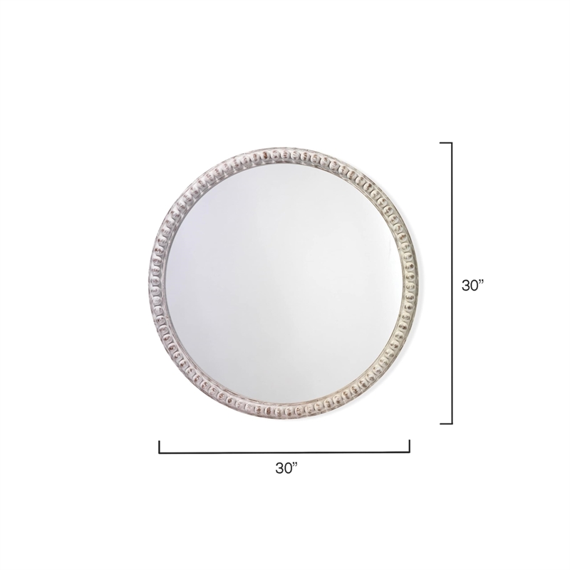 Maklaine Contemporary Round Wood Bead Wall Mirror in White Washed