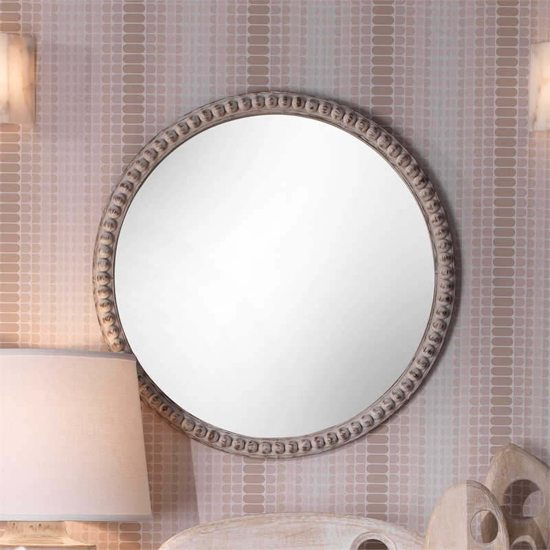 Maklaine Contemporary Round Wood Bead Wall Mirror in White Washed