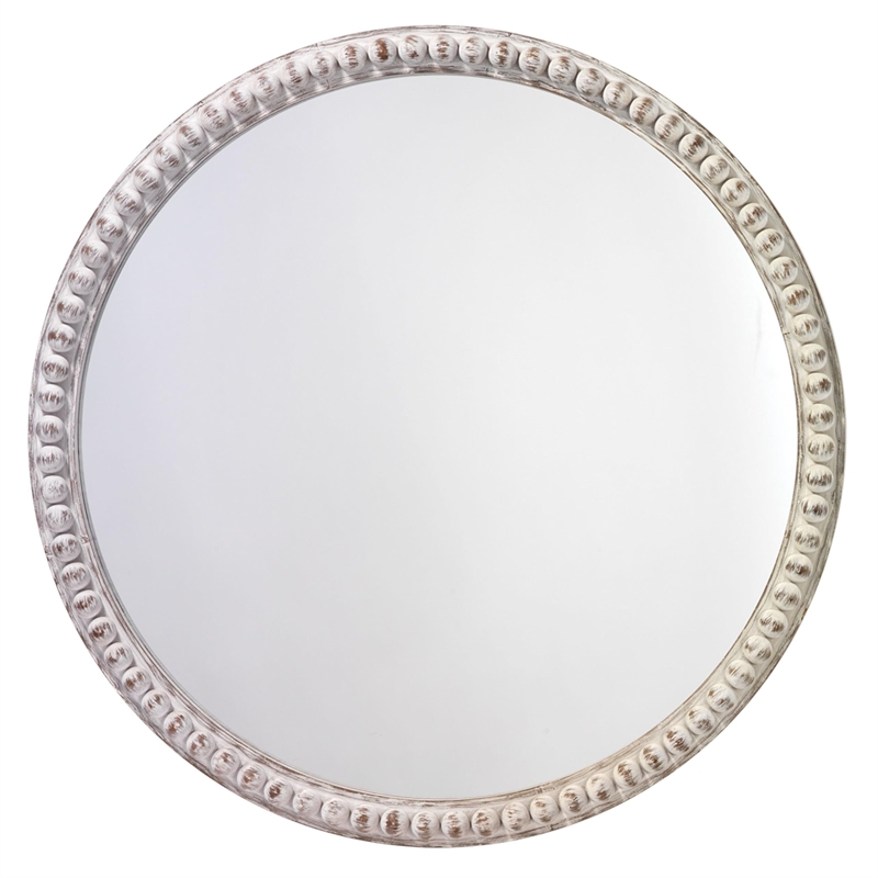 Maklaine Contemporary Round Wood Bead Wall Mirror in White Washed