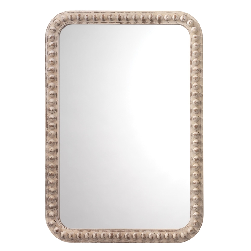 Maklaine Contemporary Round Wood Bead Wall Mirror in White Washed