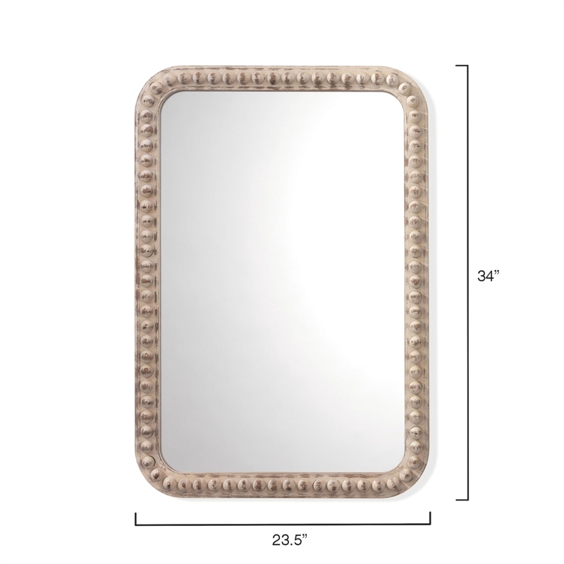 Maklaine Contemporary Round Wood Bead Wall Mirror in White Washed