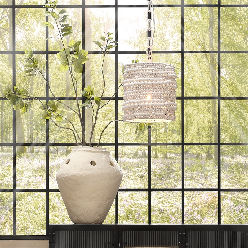 Maklaine Hand-Carved Mango Wood Beaded Pendant Light in White