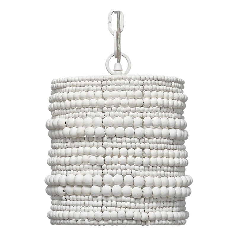 Maklaine Hand-Carved Mango Wood Beaded Pendant Light in White