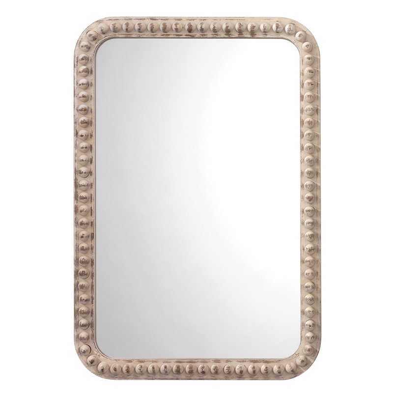 Maklaine Contemporary Rectangle Wood Bead Wall Mirror in White Washed