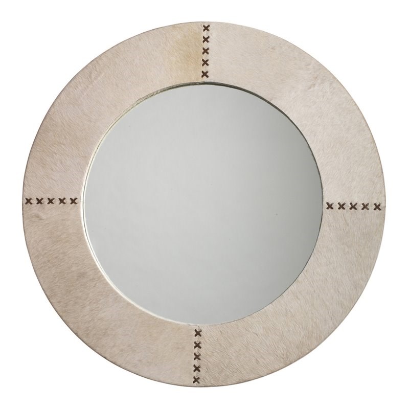 Maklaine Natural Cowhide Cross-Stitch Round Wall Mirror in White