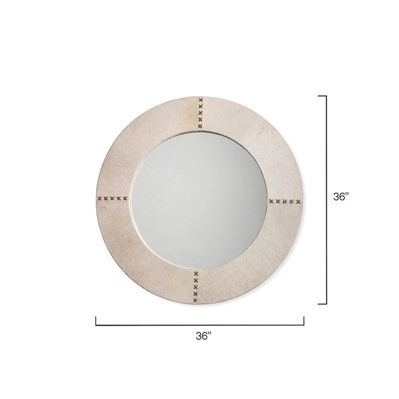 Maklaine Natural Cowhide Cross-Stitch Round Wall Mirror in White