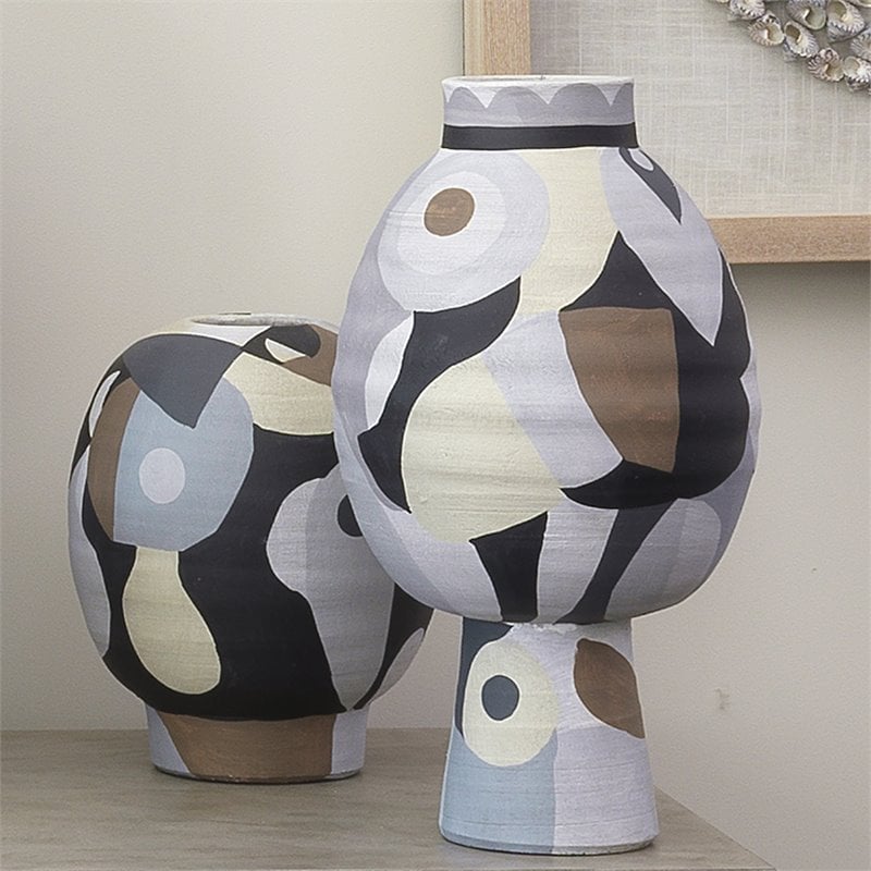 Maklaine Hand-Painted Cubist Ceramic Decorative Vase in Multi-Color