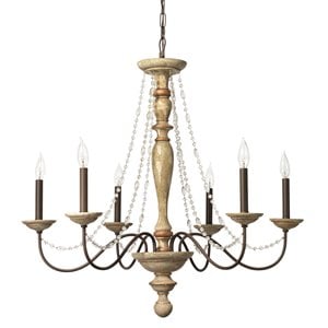 Maklaine Contemporary Crystal Bead and Washed Wood Chandelier in White