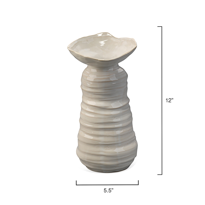 Maklaine Ribbed Ceramic Vase With Pearl Cream Glaze in Beige