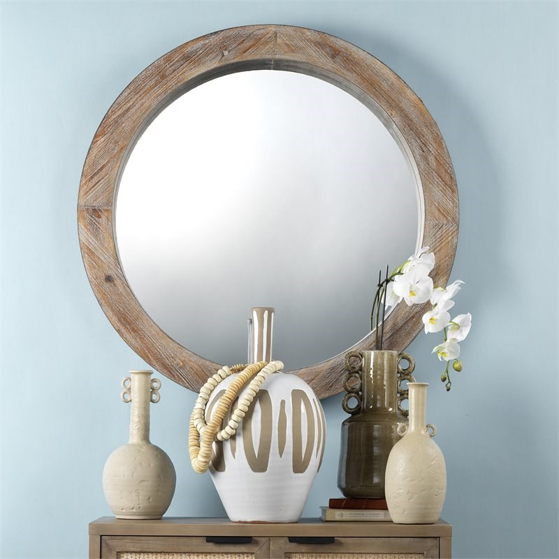 Maklaine Contemporary Natural Wood Reclaimed Wall Mirror in Brown