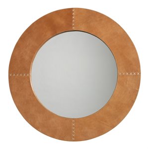 Maklaine Cross-Stitch Leather Round Wall Mirror in Light Brown