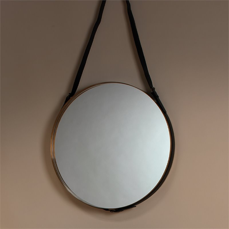 Maklaine Round Metal Wall Mirror With Leather Strap in Brass