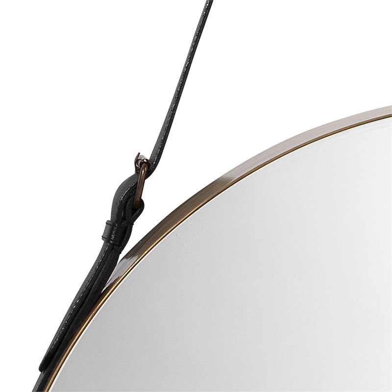 Maklaine Round Metal Wall Mirror With Leather Strap in Brass