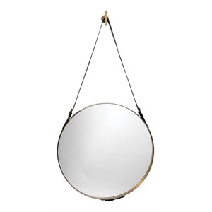 Maklaine Round Metal Wall Mirror With Leather Strap in Brass