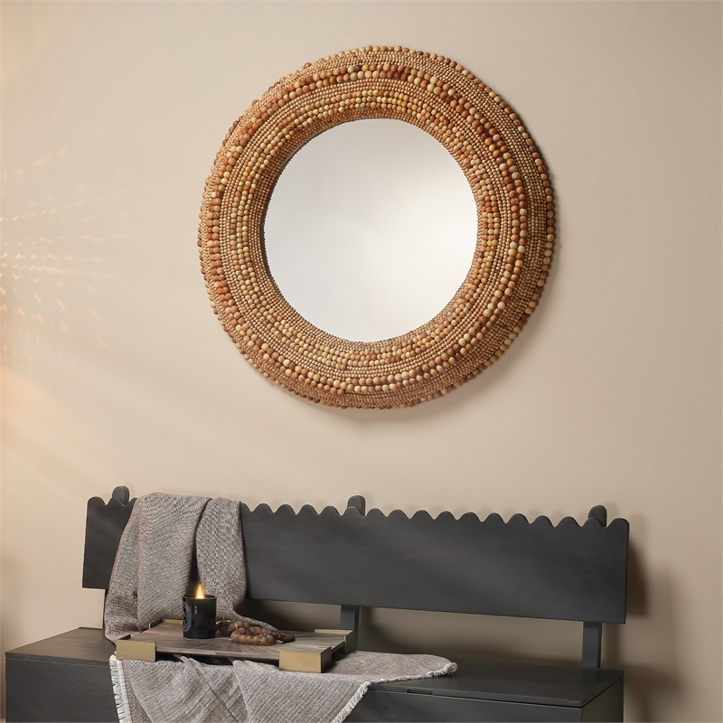 Maklaine Hand-Carved Wood Beaded Round Wall Mirror in Natural