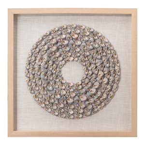 Maklaine Contemporary Shell Circular Pine Wood Framed Wall Art in White