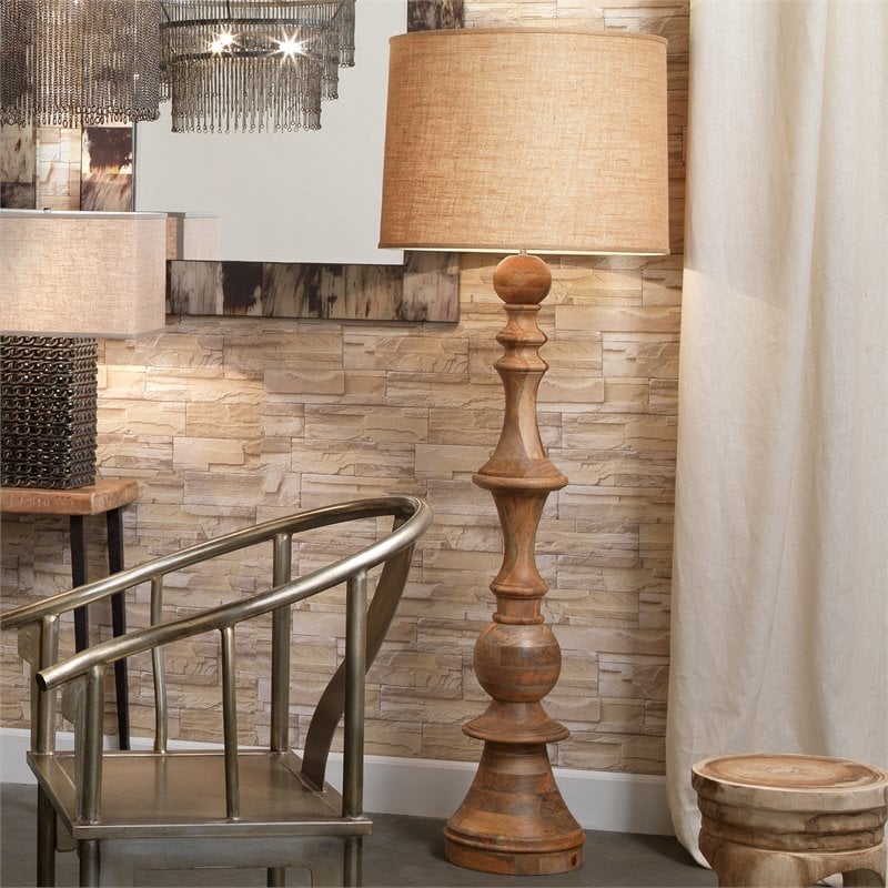 Maklaine Contemporary Hand-Turned Mango Wood Floor Lamp in Natural