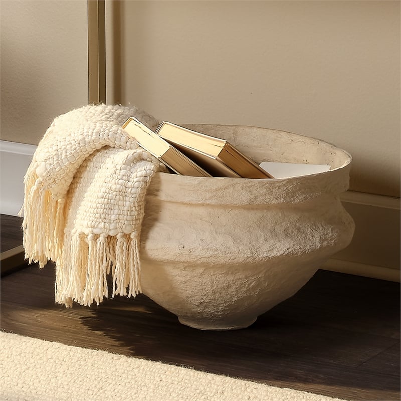 Maklaine Contemporary Handcrafted Cotton Mache Decorative Bowl in Cream