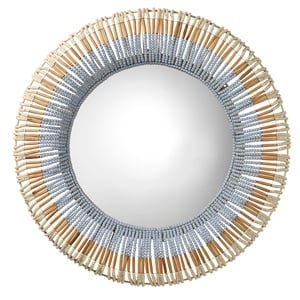 Maklaine Hand-Carved Wood Beaded Round Wall Mirror in Natural
