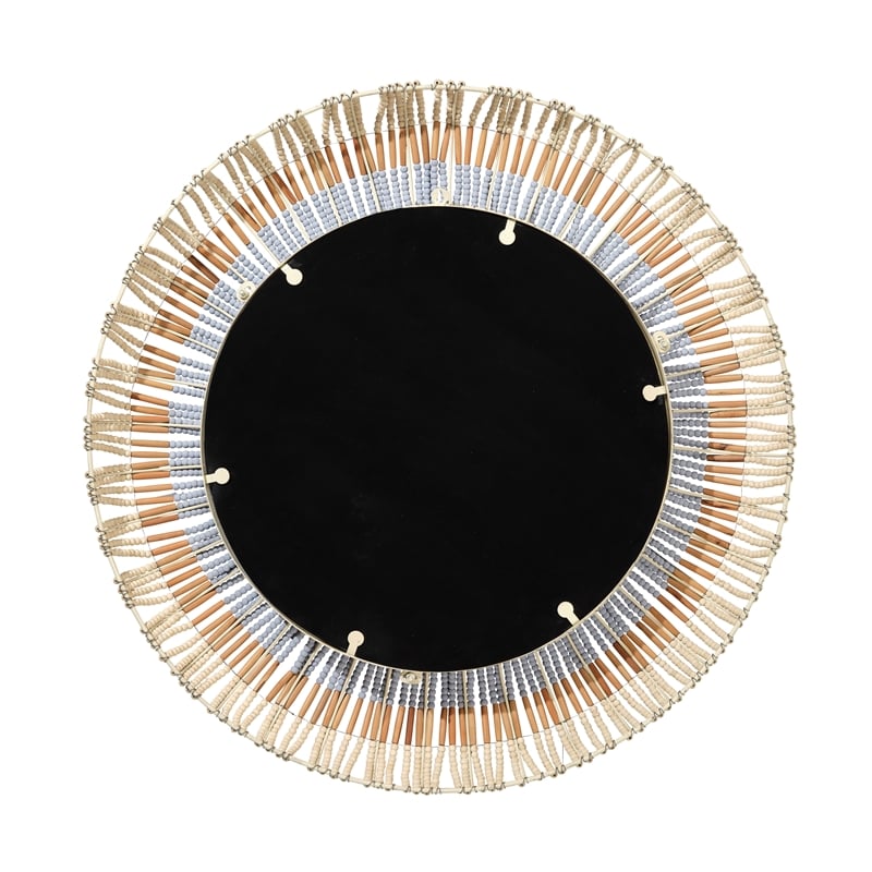 Maklaine Hand-Carved Wood Beaded Round Wall Mirror in Natural