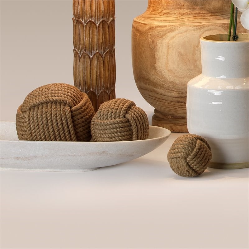 Maklaine Coastal Jute Fabric Decorative Balls in Brown Set of 3