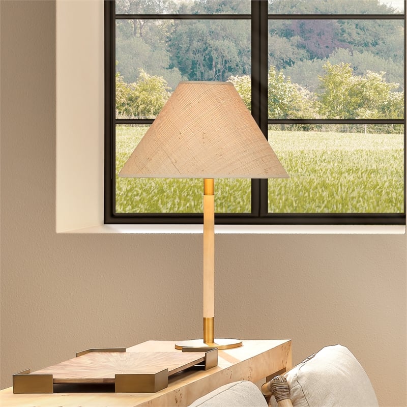 Maklaine Contemporary Rubberwood and Iron Table Lamp With Raffia Shade