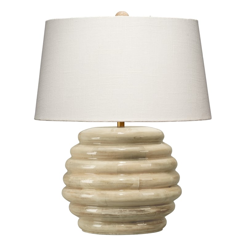 Maklaine Hand-Carved Mango Wood Table Lamp With Linen Shade in Natural