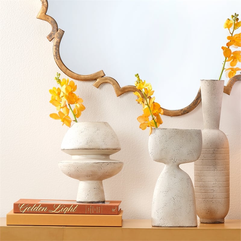 Maklaine Handmade Abstract Geometric Ceramic Decorative Vase in Cream