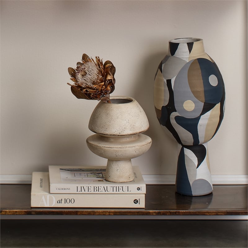 Maklaine Handmade Abstract Geometric Ceramic Decorative Vase in Cream