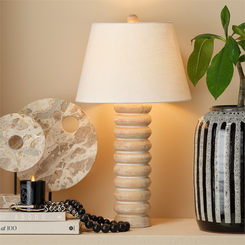 Maklaine Hand-Carved Mango Wood Beaded Table Lamp With Linen Shade