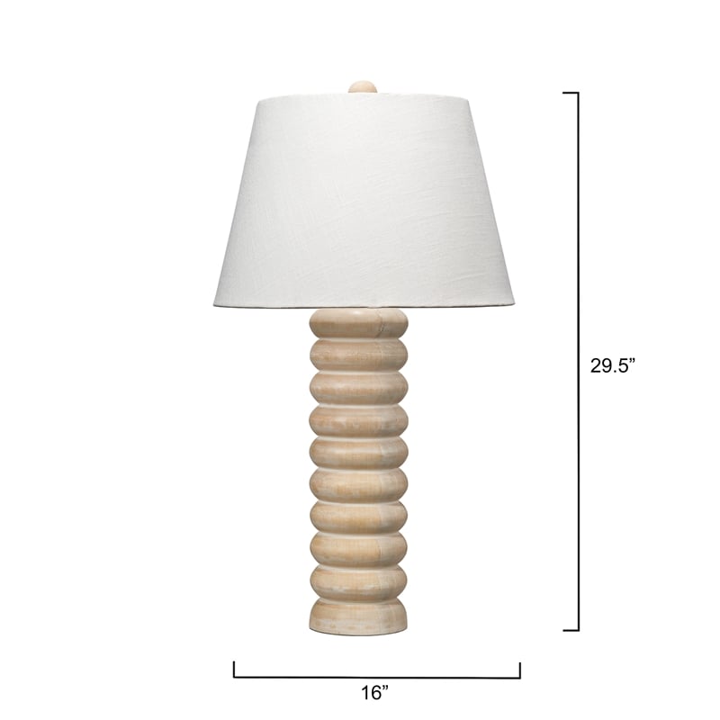 Maklaine Hand-Carved Mango Wood Beaded Table Lamp With Linen Shade