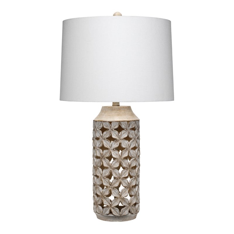 Maklaine Carved Lattice Resin Table Lamp With Linen Shade in White Washed