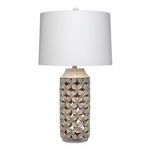Maklaine Carved Lattice Resin Table Lamp With Linen Shade in White Washed