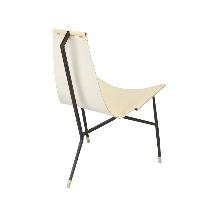 Maklaine Hand-Forged Iron and Leather Sling Lounge Chair in White