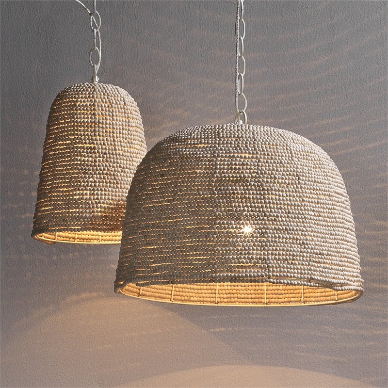Maklaine Mango Wood Beaded Coastal Pendant Light in Off White