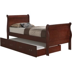 Maklaine Twin Sleigh Trundle Bed in Cherry Veneered Solid Wood