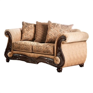 Maklaine Sophisticated Chenille Love Seat with Wood Trim in Gold and Brown