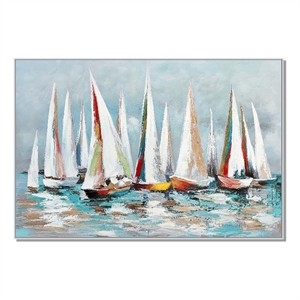 Maklaine 39 x 59 Hand Painted Floating Boats Wall Art in White Frame