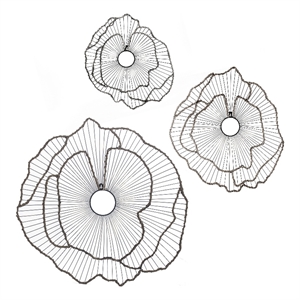 Maklaine 30/24/18&quot Set of 3 Metal Flowers Wall Decor in Black/Gold