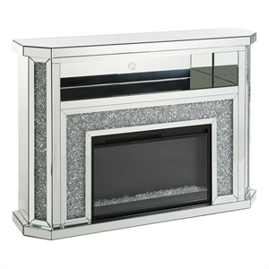Maklaine Electric Fireplace with Mirror Panels and Faux Diamonds in Silver