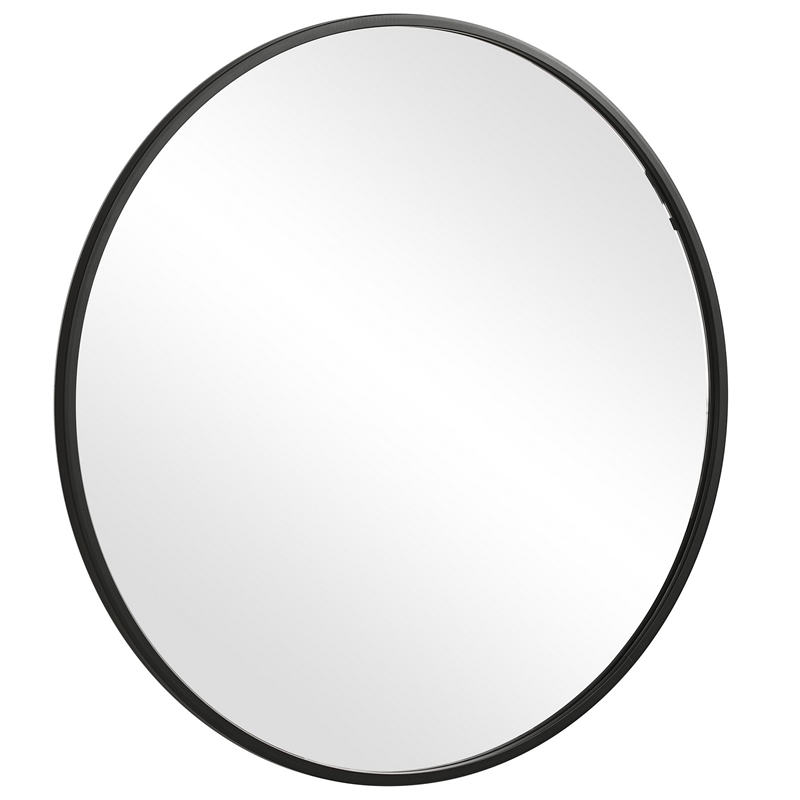 Maklaine 37 Inch Round Sleek Frame Mirror with Wall Mount Hardware in Black