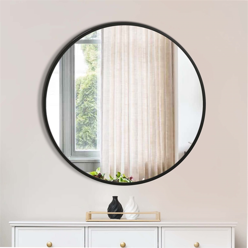 Maklaine 37 Inch Round Sleek Frame Mirror with Wall Mount Hardware in Black