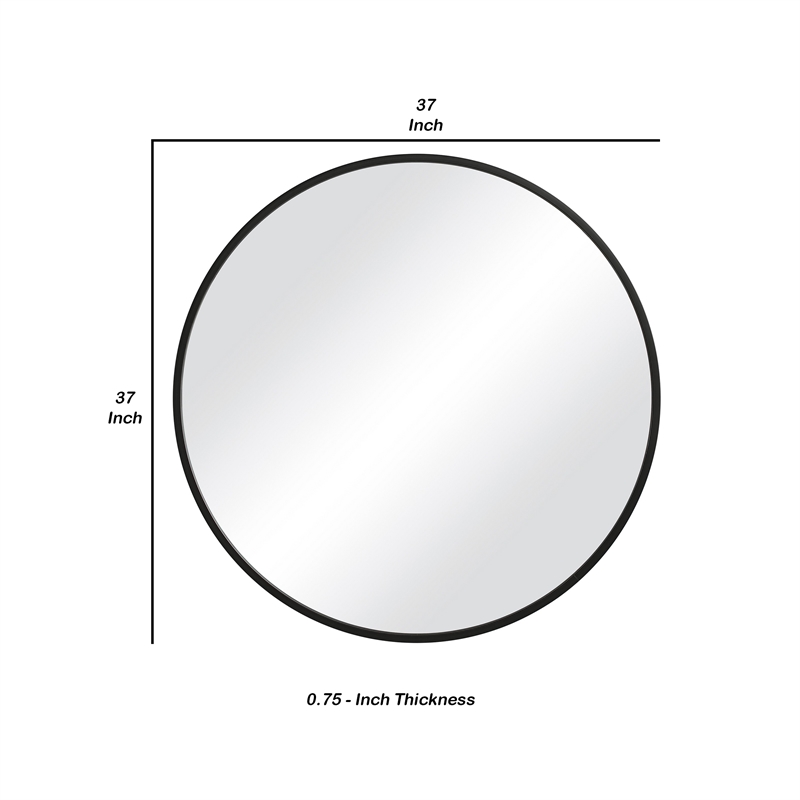 Maklaine 37 Inch Round Sleek Frame Mirror with Wall Mount Hardware in Black