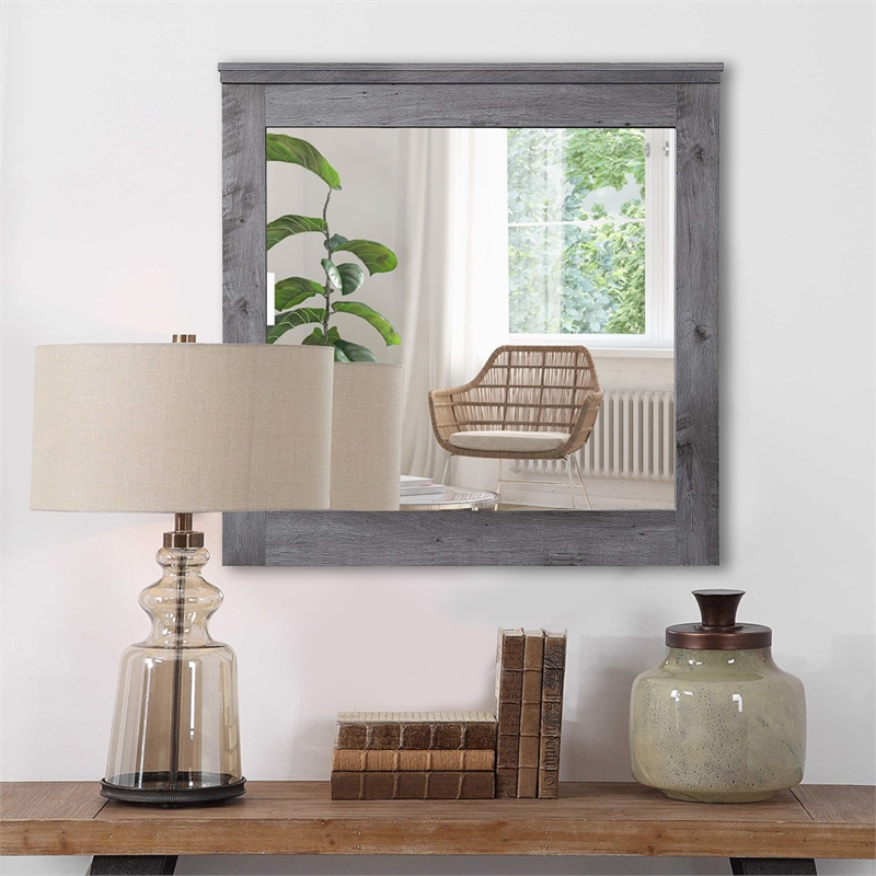 Maklaine Traditional Wooden Wall Mirror with Rustic Style in Gray