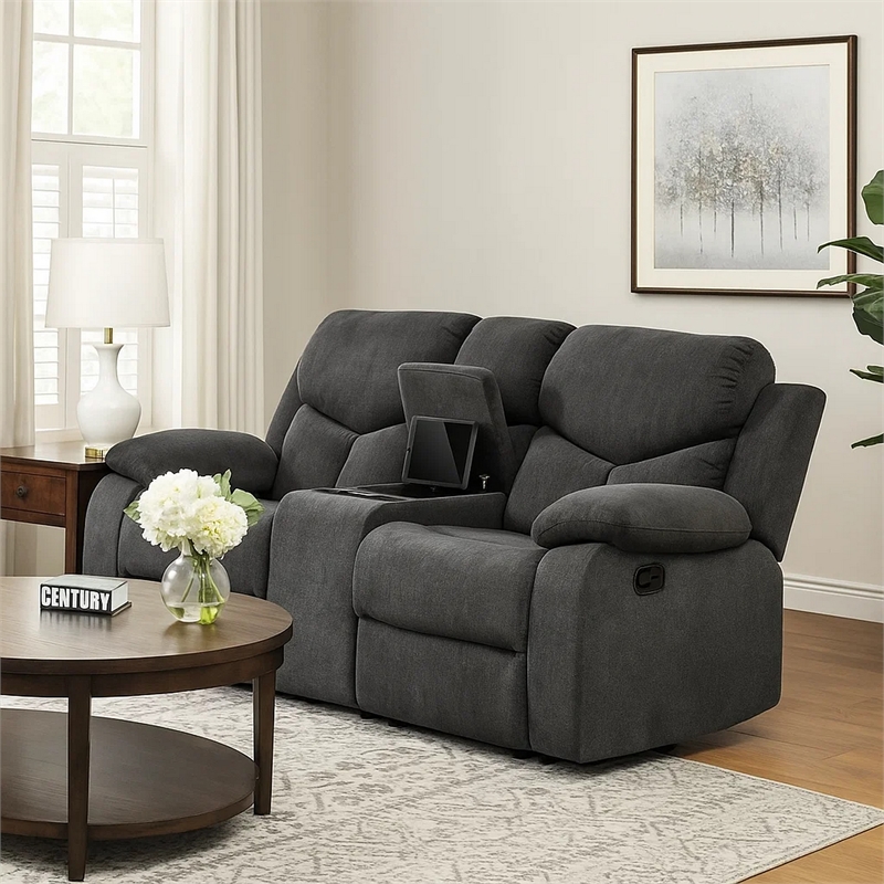Maklaine Fabric Wrapped Motion Loveseat with Storage Console in Gray