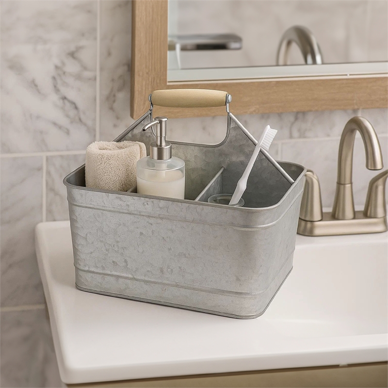 Maklaine Metal Caddy Serveware with Mango Wood Handle in Gray Finish