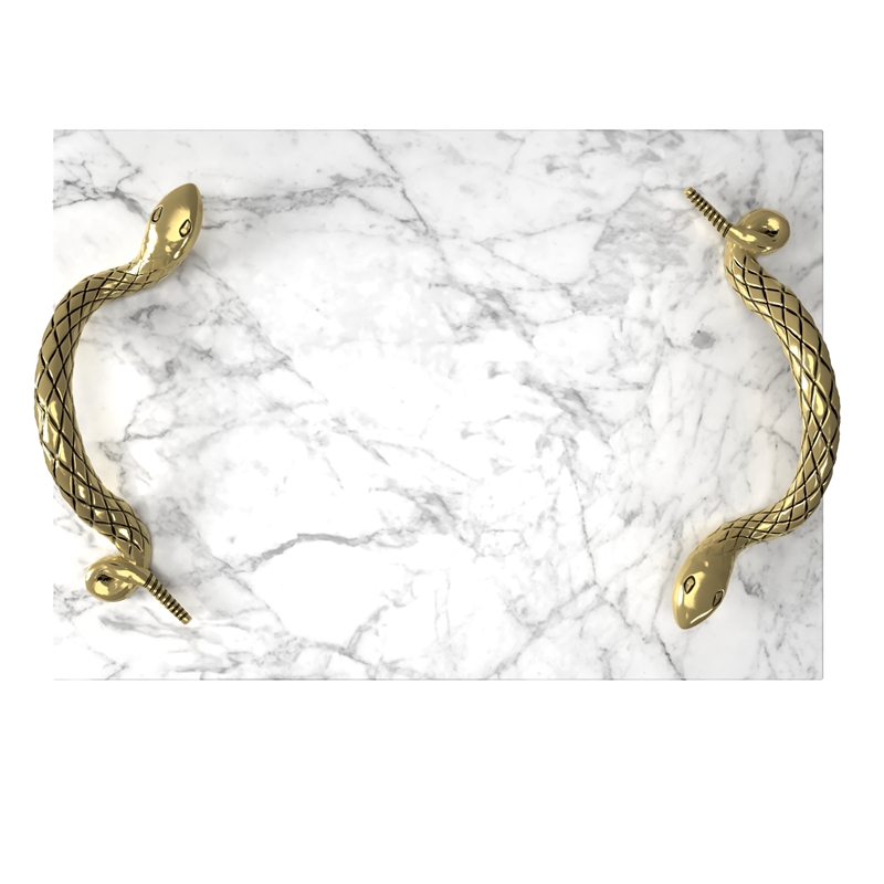 Maklaine White Marble Decorative Tray with Brass Snake Handles